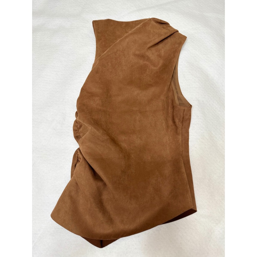 Naked Wardrobe Faux Suede Ruched Top Womens Size M Brown Asymmetrical NWT - Picture 5 of 7